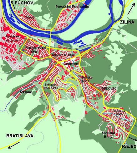 Mapa Považskej Bystrice s vyznačenými lokalitami (centrum, sídliská)