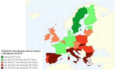 Mapa Európy zobrazujúca priemerný vek prvorodičiek v jednotlivých krajinách