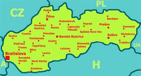 mapa Slovenska s vyznačenými mestami poskytujúcimi príspevok pri narodení dieťaťa
