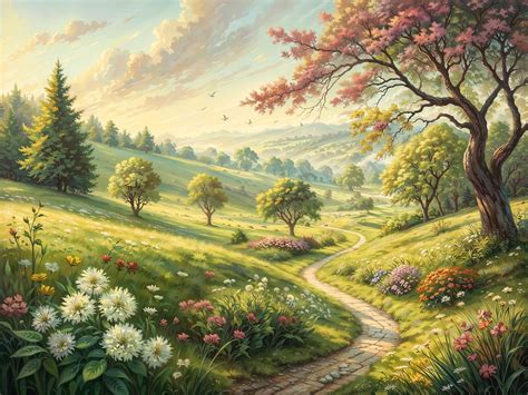 Ilustrácia jarnej prírody s rozkvitnutými stromami a kvetmi