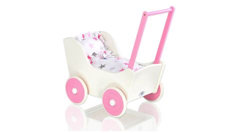 Drevený kočík pre bábiky s ružovou stuhou